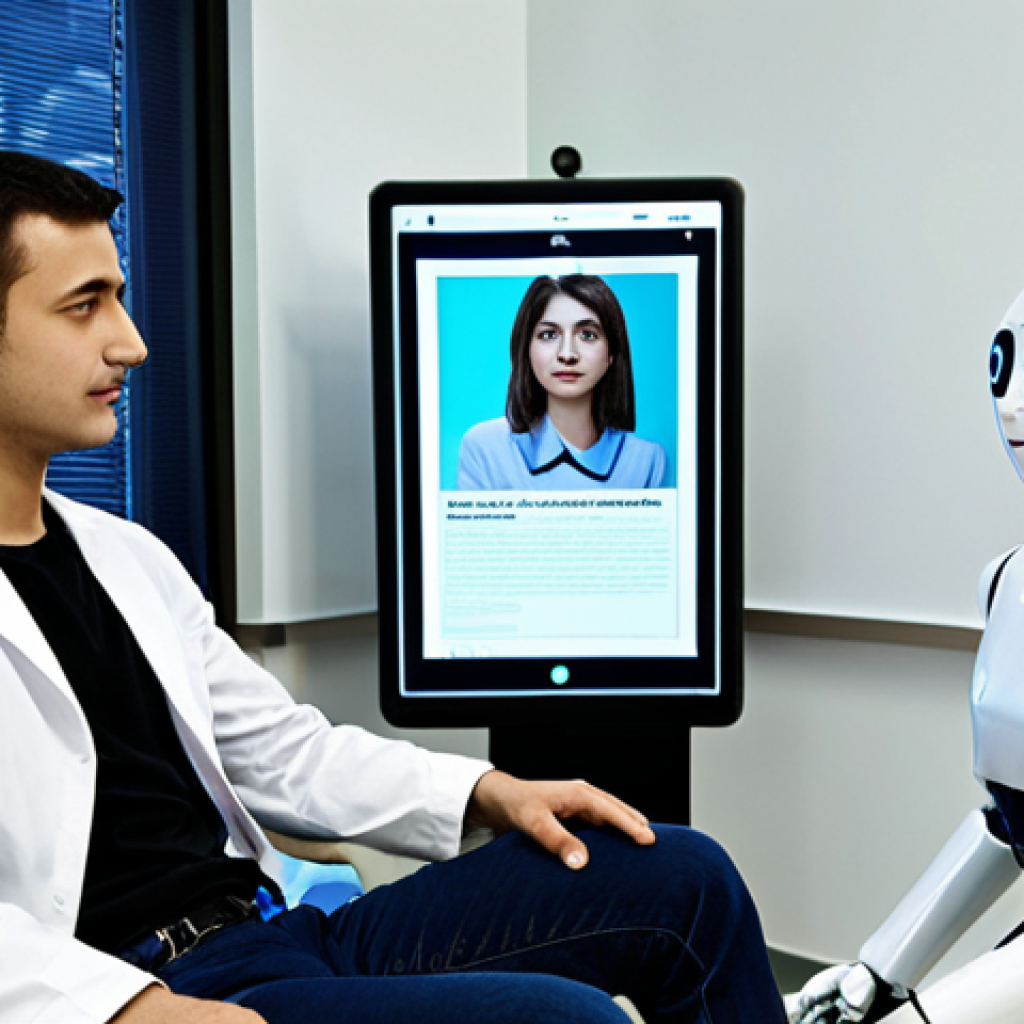 **Prompt:** A futuristic, brightly lit clinic. A concerned young Turkish student sits opposite a sleek, friendly-looking robot psychologist. The robot has a screen displaying empathetic expressions. In the background, posters advertise affordable "Robot Terapisi" with 7/24 access. The scene emphasizes accessibility and cost-effectiveness.