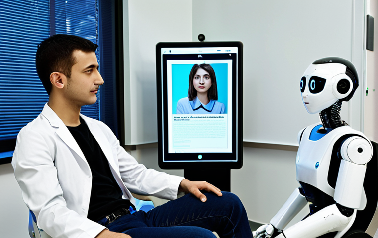 **Prompt:** A futuristic, brightly lit clinic. A concerned young Turkish student sits opposite a sleek, friendly-looking robot psychologist. The robot has a screen displaying empathetic expressions. In the background, posters advertise affordable "Robot Terapisi" with 7/24 access. The scene emphasizes accessibility and cost-effectiveness.