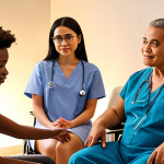 ** A futuristic and friendly-looking robot therapist sitting across from a diverse group of people (representing different ages, ethnicities, and potentially disabilities). The background shows a modern, accessible clinic or therapy space with warm lighting. Focus on conveying accessibility and inclusivity.

**