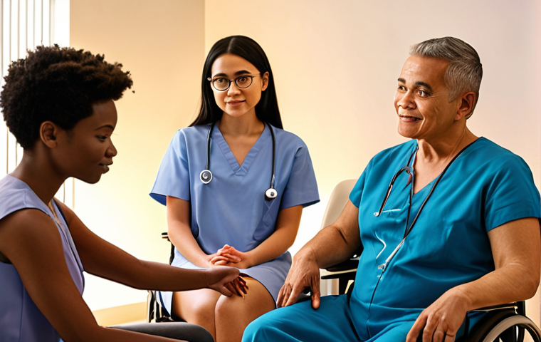 ** A futuristic and friendly-looking robot therapist sitting across from a diverse group of people (representing different ages, ethnicities, and potentially disabilities). The background shows a modern, accessible clinic or therapy space with warm lighting. Focus on conveying accessibility and inclusivity.

**