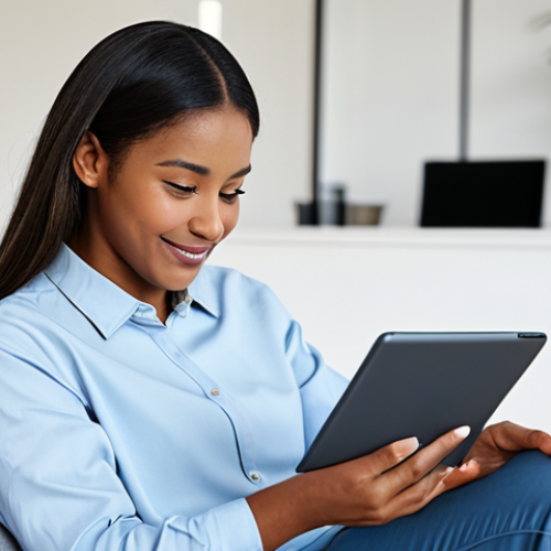 Home 23 A diverse young professional woman, fully clothed in a modest yet stylish casual outfit, sitting comfortably in a well-lit, modern living room. She is looking at a tablet, where a subtle, friendly AI interface emits a gentle glow, her expression calm, thoughtful, and slightly relieved, indicating a sense of understanding and support. The background is a soft-focus, inviting modern interior. Professional photography, clean lines, serene atmosphere, fully clothed, modest clothing, appropriate attire, safe for work, appropriate content, family-friendly, perfect anatomy, correct proportions, natural pose, well-formed hands, proper finger count, natural body proportions.