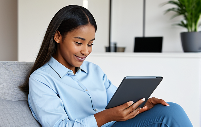 A diverse young professional woman, fully clothed in a modest yet stylish casual outfit, sitting comfortably in a well-lit, modern living room. She is looking at a tablet, where a subtle, friendly AI interface emits a gentle glow, her expression calm, thoughtful, and slightly relieved, indicating a sense of understanding and support. The background is a soft-focus, inviting modern interior. Professional photography, clean lines, serene atmosphere, fully clothed, modest clothing, appropriate attire, safe for work, appropriate content, family-friendly, perfect anatomy, correct proportions, natural pose, well-formed hands, proper finger count, natural body proportions.