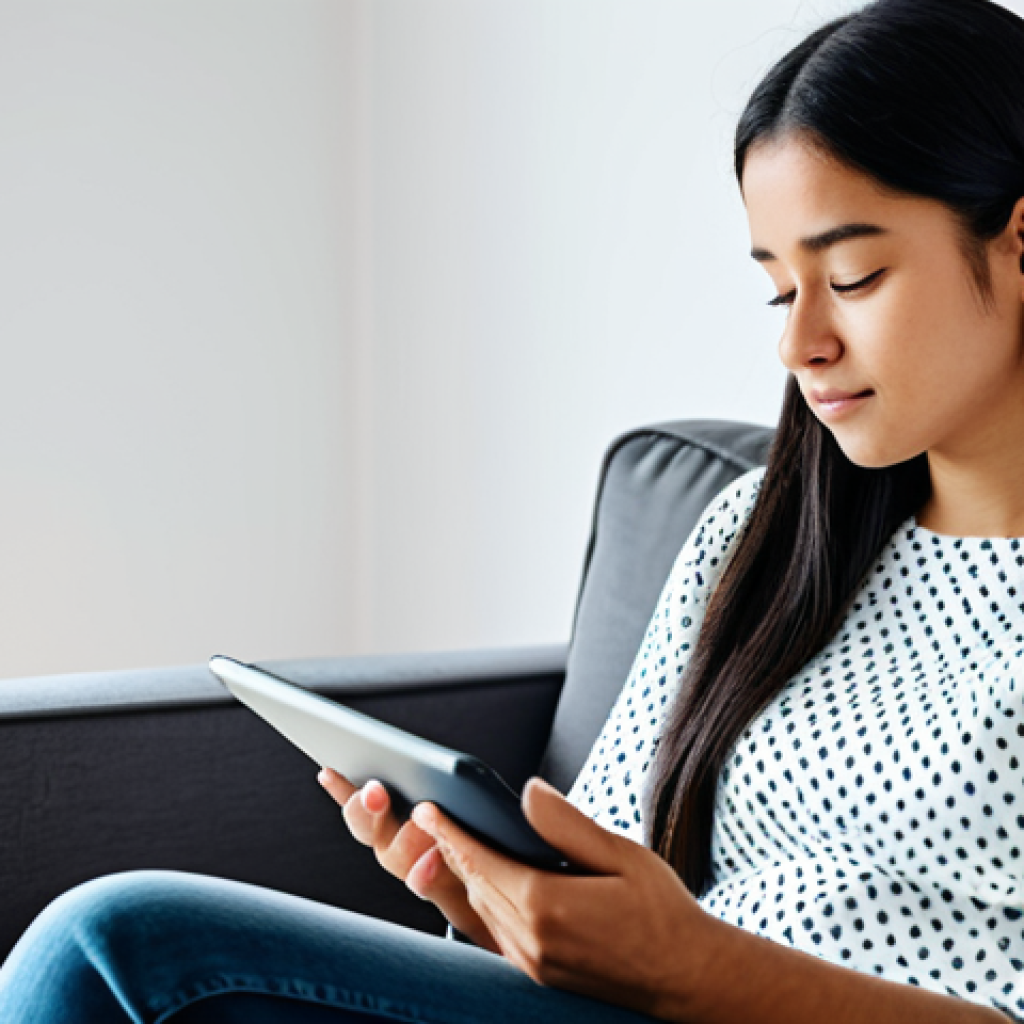 A calm, diverse young adult, fully clothed in modest, comfortable attire, seated in a modern, bright living room, engaged in a private session with an AI-powered mental health application on a tablet. The tablet screen subtly displays calming colors and abstract data flows, symbolizing personalized digital support and accessible therapy. The subject maintains a natural pose, reflecting quiet contemplation. Perfect anatomy, correct proportions, well-formed hands, proper finger count, natural body proportions. Safe for work, appropriate content, fully clothed, modest, family-friendly, high quality professional photography.