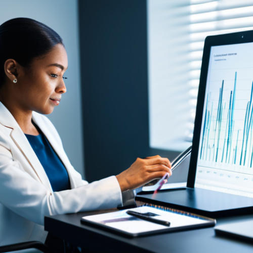 Home 9 A professional, diverse female therapist in modest business casual attire, seated at a sleek modern desk in a well-lit contemporary therapy office. She is attentively interacting with a tablet displaying a futuristic, abstract AI interface with glowing lines and data visualizations, conveying a collaborative approach to mental wellness support. The scene highlights human-AI partnership. Professional photography, high quality, studio lighting, fully clothed, appropriate attire, modest clothing, safe for work, appropriate content, perfect anatomy, correct proportions, natural pose, well-formed hands, proper finger count, natural body proportions.
