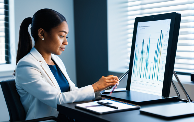 A professional, diverse female therapist in modest business casual attire, seated at a sleek modern desk in a well-lit contemporary therapy office. She is attentively interacting with a tablet displaying a futuristic, abstract AI interface with glowing lines and data visualizations, conveying a collaborative approach to mental wellness support. The scene highlights human-AI partnership. Professional photography, high quality, studio lighting, fully clothed, appropriate attire, modest clothing, safe for work, appropriate content, perfect anatomy, correct proportions, natural pose, well-formed hands, proper finger count, natural body proportions.