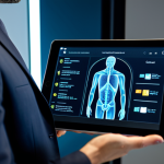 A calm professional in a modest business suit is attentively interacting with a secure digital AI psychologist interface on a tablet. The setting is a clean, modern office with soft, ambient lighting, emphasizing data privacy and trust. The screen displays subtle visual cues of secure encryption and confidentiality. The subject exhibits a thoughtful and engaged expression. Perfect anatomy, correct proportions, natural pose, well-formed hands, proper finger count, natural body proportions, professional photography, high resolution, detailed, studio lighting, fully clothed, appropriate attire, safe for work, appropriate content, professional, family-friendly.