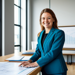 **

A confident female architect, fully clothed in a stylish and modest professional outfit (trouser suit), standing in a bright, modern architectural office. Natural light floods through the large windows, illuminating blueprints spread across a large desk. She's smiling warmly, holding a scale model of a sustainable building project.  Safe for work, appropriate content, fully clothed, professional, perfect anatomy, correct proportions, well-formed hands, natural pose, high resolution, professional photography.

**