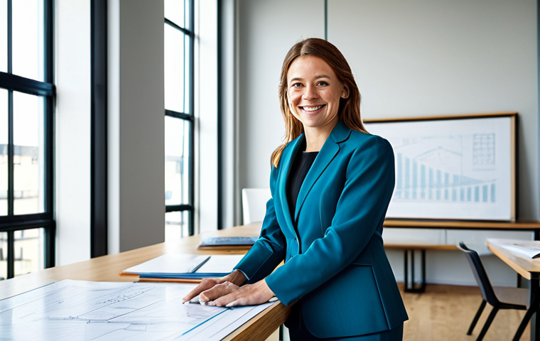 **
A confident female architect, fully clothed in a stylish and modest professional outfit (trouser suit), standing in a bright, modern architectural office. Natural light floods through the large windows, illuminating blueprints spread across a large desk. She's smiling warmly, holding a scale model of a sustainable building project. Safe for work, appropriate content, fully clothed, professional, perfect anatomy, correct proportions, well-formed hands, natural pose, high resolution, professional photography.
**
