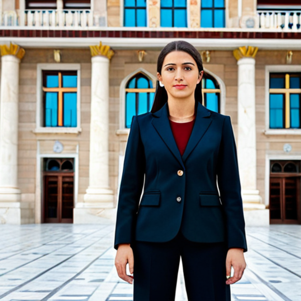 **
"A professional female lawyer in a modest, dark-colored business suit, standing confidently in front of the Adalet Sarayı (Palace of Justice) in Ankara. Appropriate attire, fully clothed, safe for work. Perfect anatomy, correct proportions, natural pose. Professional photography, high quality, realistic."
**