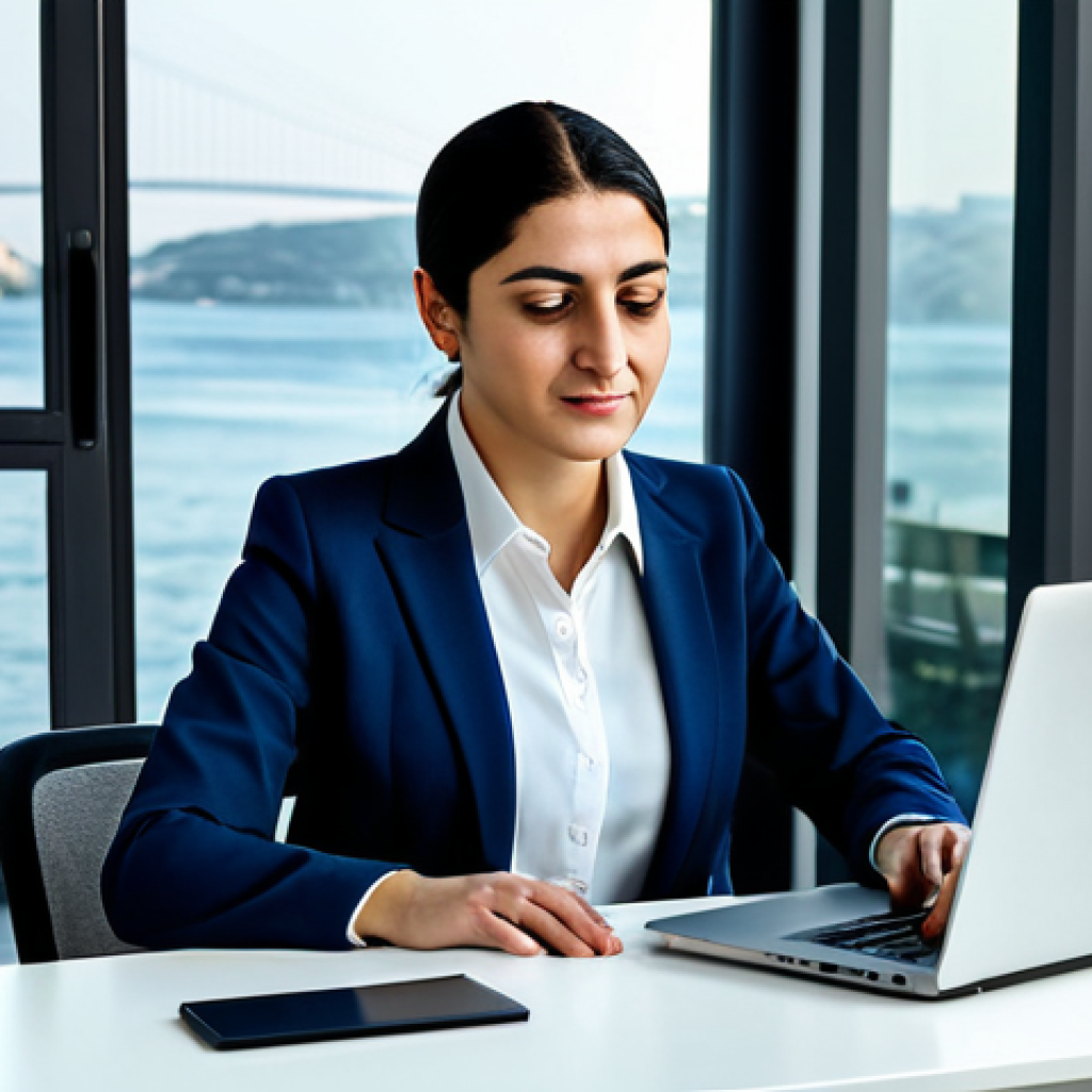 **
A professional Turkish businesswoman, fully clothed in a modest business suit, working on a laptop at a modern desk in a bright office space in Istanbul, overlooking the Bosphorus. Appropriate attire, safe for work, family-friendly, perfect anatomy, natural proportions, high quality, professional photography.
**