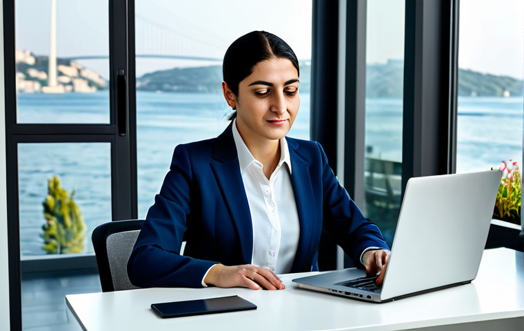 **
A professional Turkish businesswoman, fully clothed in a modest business suit, working on a laptop at a modern desk in a bright office space in Istanbul, overlooking the Bosphorus. Appropriate attire, safe for work, family-friendly, perfect anatomy, natural proportions, high quality, professional photography.
**
