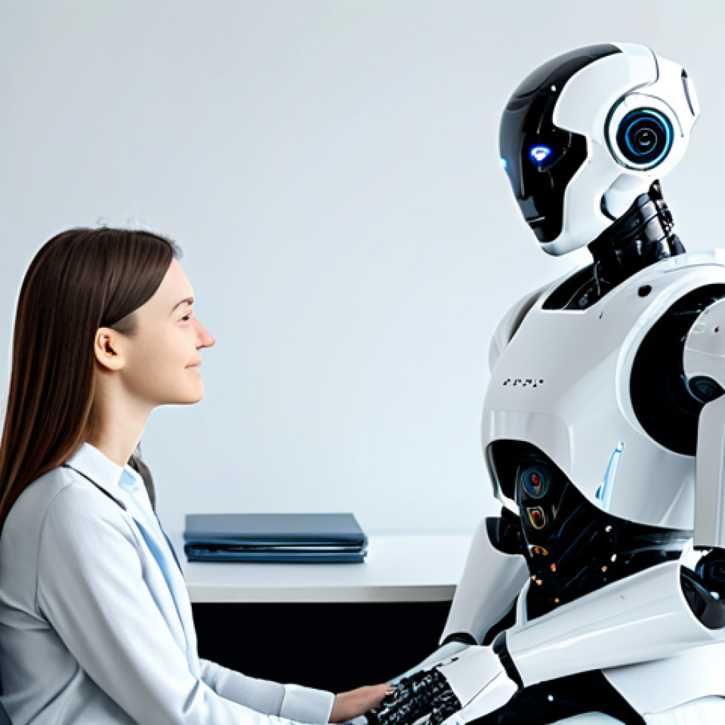 **
"A professional-looking robot psychologist, fully clothed in a modern and minimalist office setting, interacting with a young woman who is sitting comfortably on a chair. The robot has a friendly digital face. Background shows a calming pastel color scheme. Safe for work, appropriate content, fully clothed, professional, perfect anatomy, natural proportions, modest, family-friendly. High quality render."
**