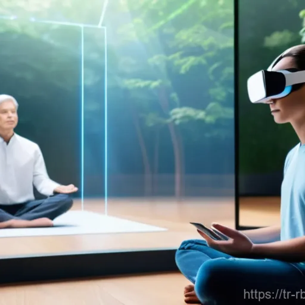 로봇 심리상담의 글로벌 연구 동향 - **Prompt:** A serene and futuristic depiction of individuals engaging with advanced AI mental wellne...