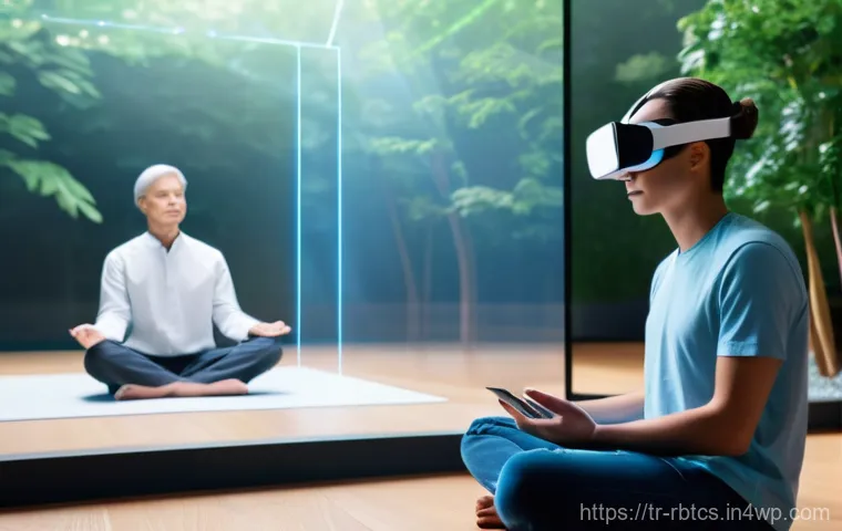 로봇 심리상담의 글로벌 연구 동향 - **Prompt:** A serene and futuristic depiction of individuals engaging with advanced AI mental wellne...