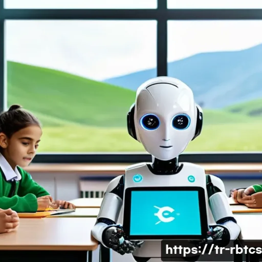 로봇 심리상담의 교육적 가치 - A futuristic classroom scene in a Turkish rural school, featuring a friendly humanoid robot psycholo...
