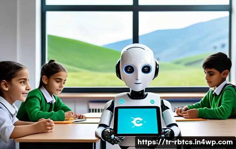 로봇 심리상담의 교육적 가치 - A futuristic classroom scene in a Turkish rural school, featuring a friendly humanoid robot psycholo...