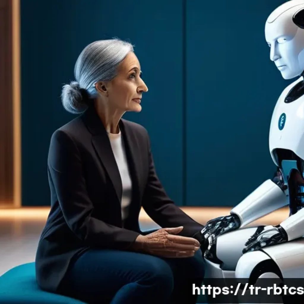 로봇 심리상담의 심리적 안정성 증진 방법 - A futuristic psychological counseling scene featuring a human-like robot psychologist and a middle-a...