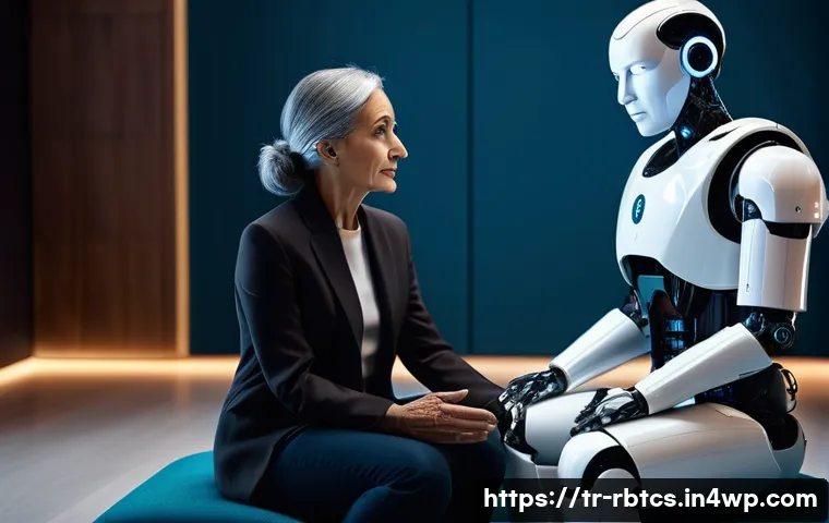 로봇 심리상담의 심리적 안정성 증진 방법 - A futuristic psychological counseling scene featuring a human-like robot psychologist and a middle-a...
