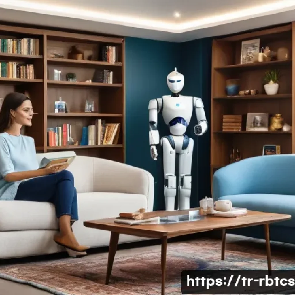 로봇 심리상담의 적용 사례 연구 - A cozy living room scene in a modern Turkish home, featuring a middle-aged woman comfortably seated ...