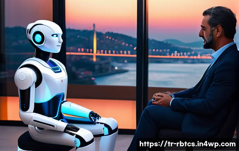 로봇 심리상담의 인식 변화 과정 - A futuristic therapy room in Istanbul with a sleek humanoid robot psychologist sitting across from a...