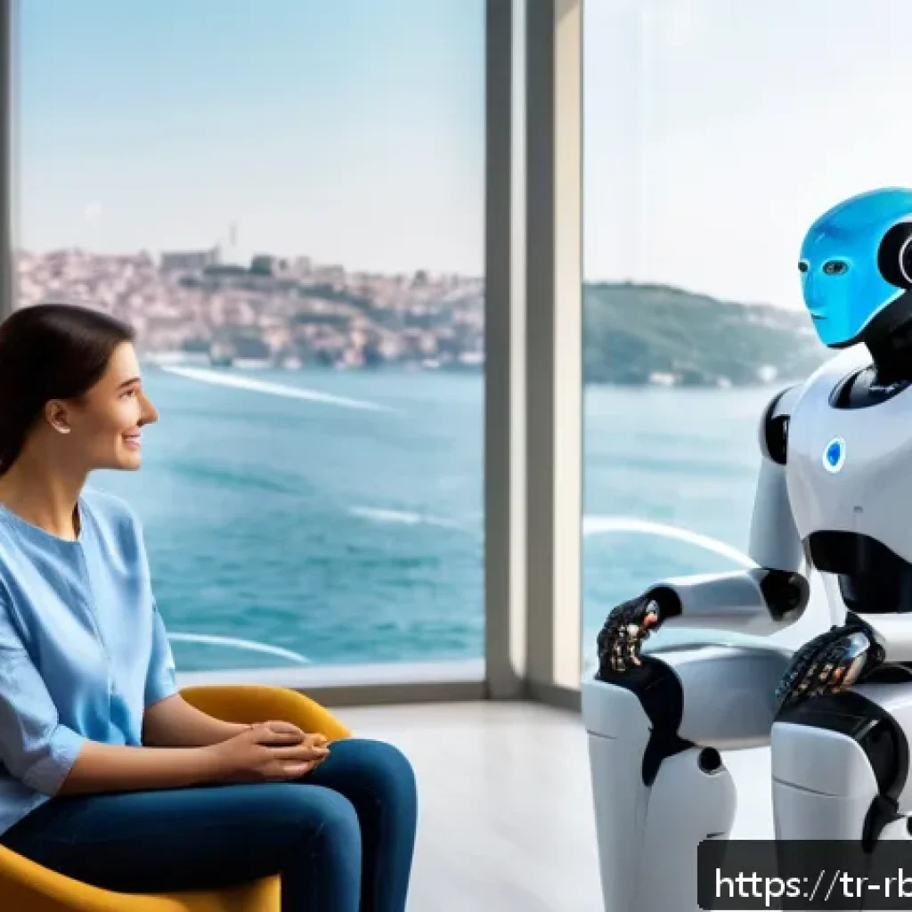 로봇 심리상담의 도전과 기회 - A modern therapy room in Istanbul featuring a humanoid robot interacting empathetically with a young...