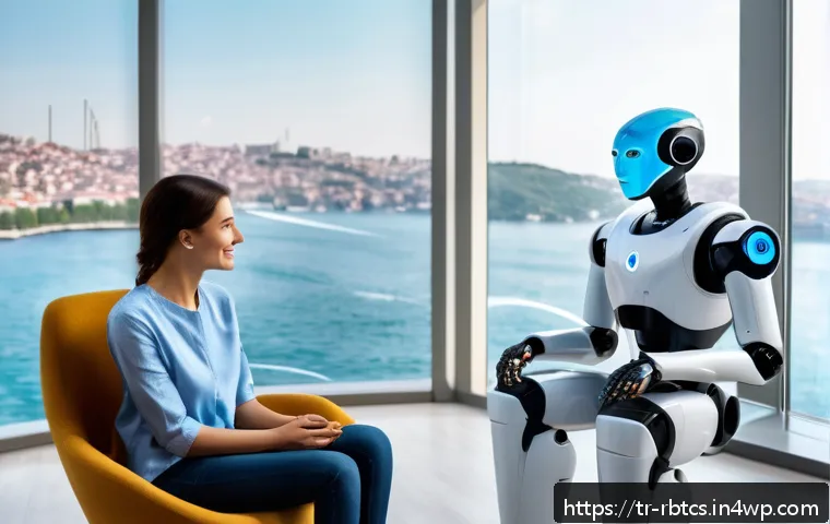 로봇 심리상담의 도전과 기회 - A modern therapy room in Istanbul featuring a humanoid robot interacting empathetically with a young...