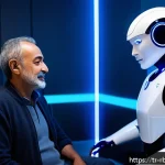 Home 19 로봇 심리상담의 사용자 요구 및 피드백 - A futuristic therapy robot in a modern clinical setting, interacting empathetically with a middle-ag...