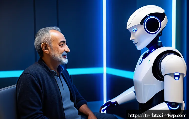 로봇 심리상담의 사용자 요구 및 피드백 - A futuristic therapy robot in a modern clinical setting, interacting empathetically with a middle-ag...