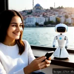 Home 23 로봇 심리상담의 사용자 만족도 조사 - Photorealistic modern counseling lounge in Istanbul, a friendly small humanoid therapy robot sitting...