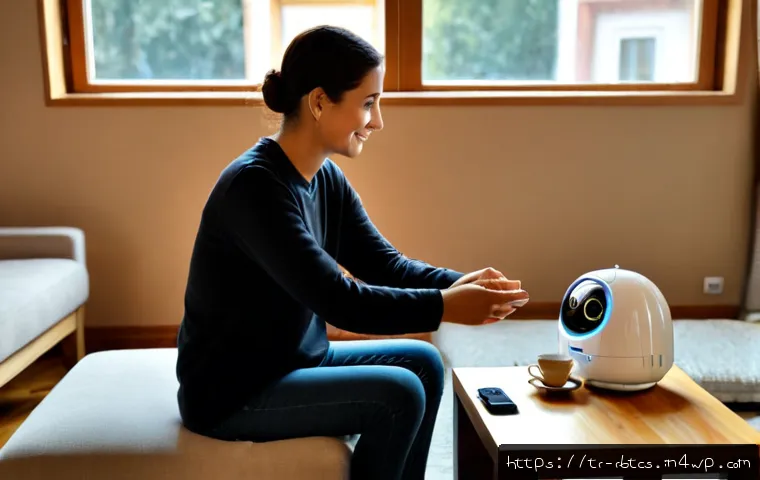 Home 17 로봇 심리상담의 심리적 지원 신뢰 구축 - Photorealistic warm therapy setting in Istanbul, a Turkish adult sitting comfortably in a softly lit...
